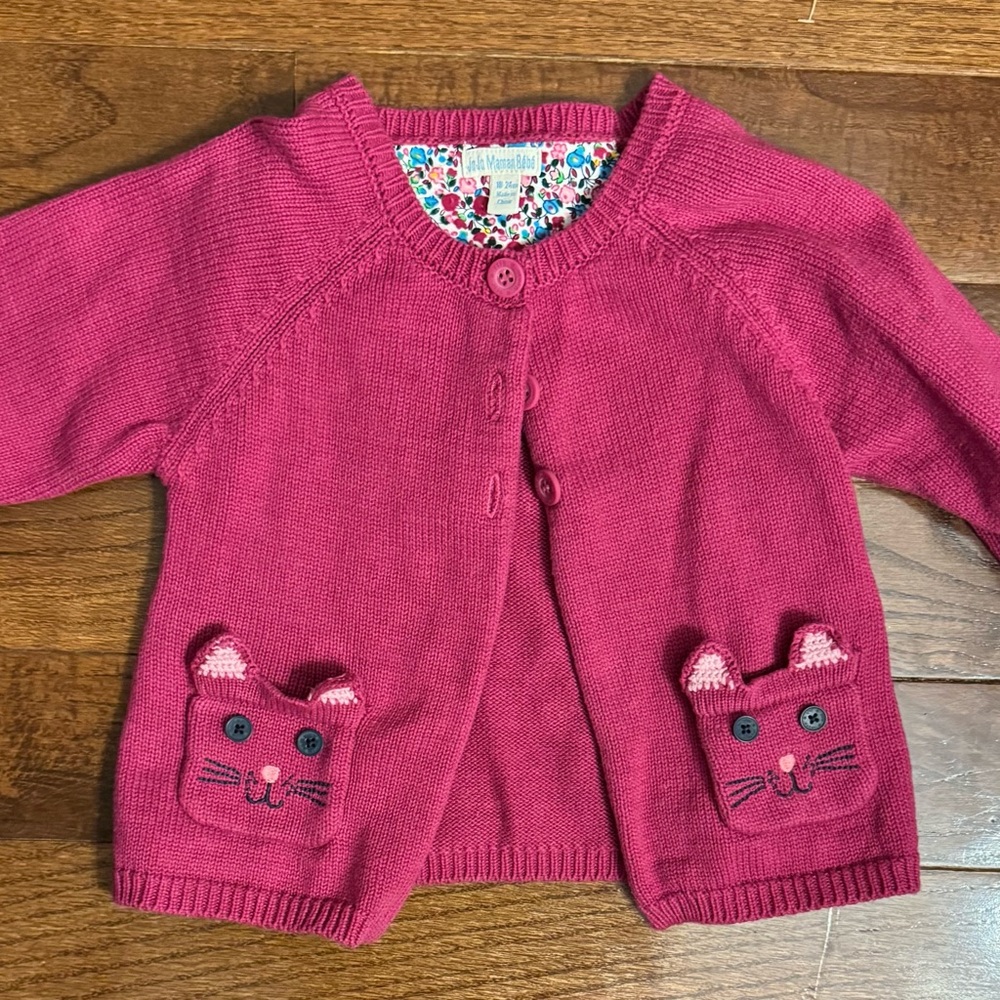 Jojo Maman Bebe Pink Cat Pocket Kids Cardigan